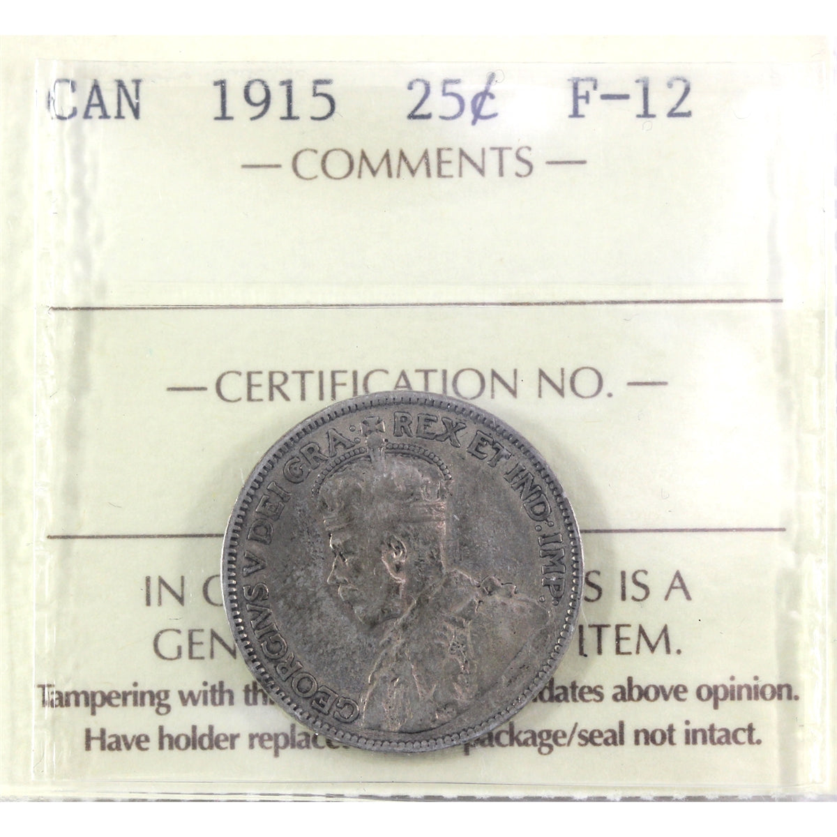 1915 Canada 25-cents ICCS Certified F12