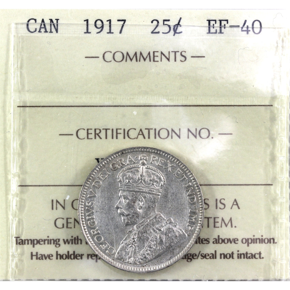 1917 Canada 25-cents ICCS Certified EF40