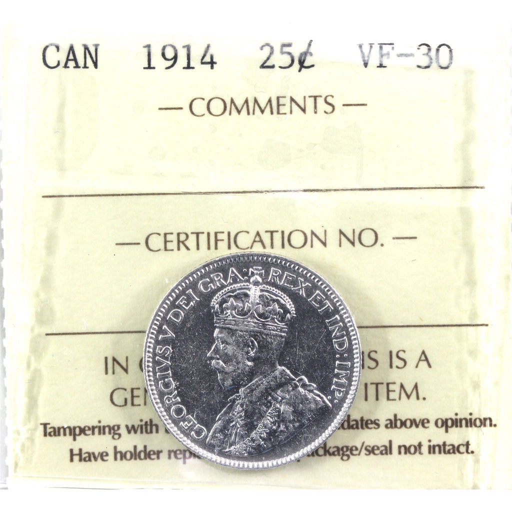 1914 Canada 25-cents ICCS Certified VF30