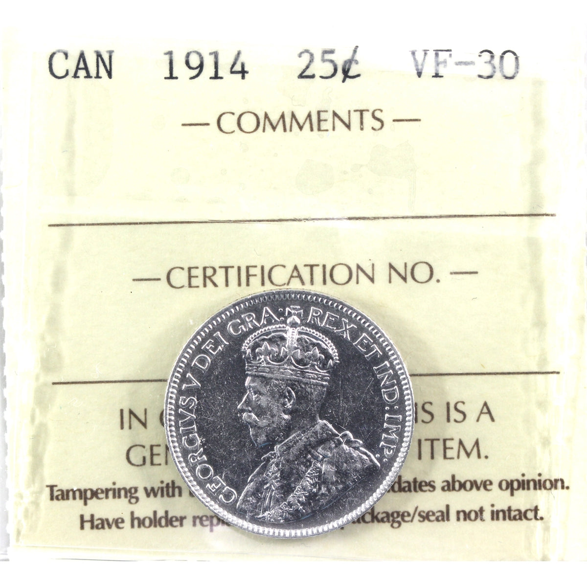 1914 Canada 25-cents ICCS Certified VF30