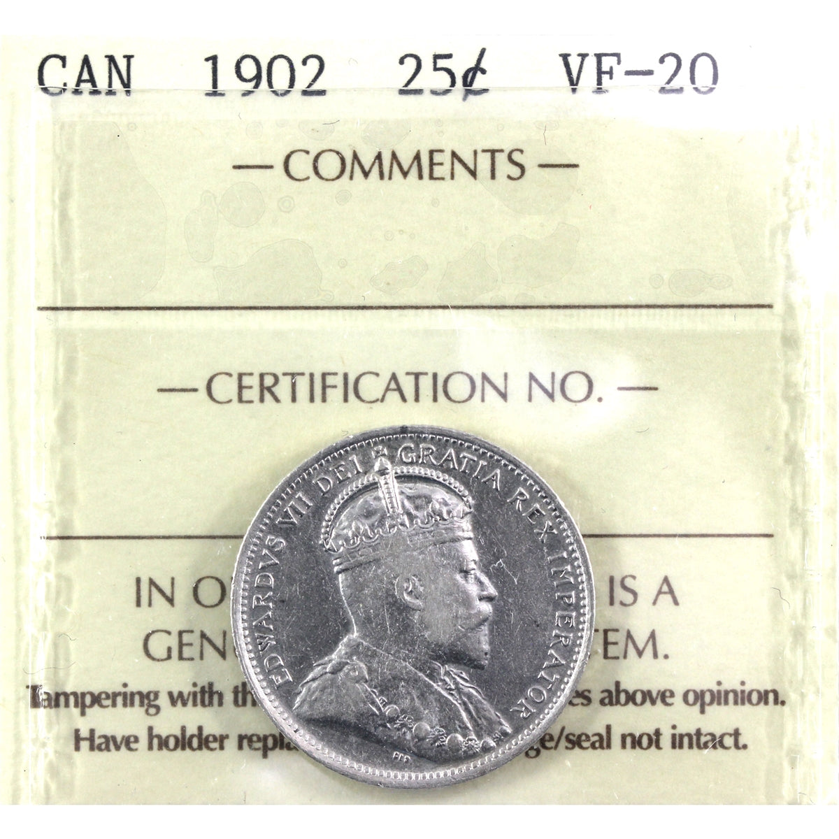 1902 Canada 25-cents ICCS Certified VF20