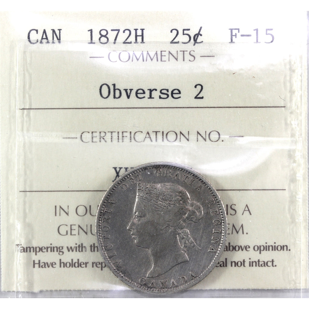 1872H Obv. 2 Canada 25-cents ICCS Certified F15