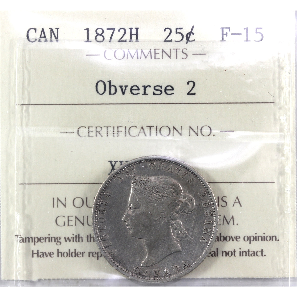 1872H Obv. 2 Canada 25-cents ICCS Certified F15