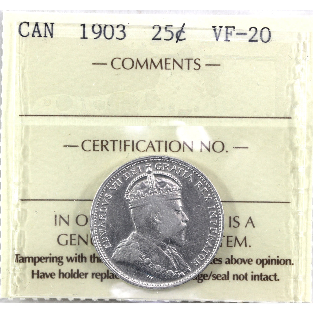 1903 Canada 25-cents ICCS Certified VF20