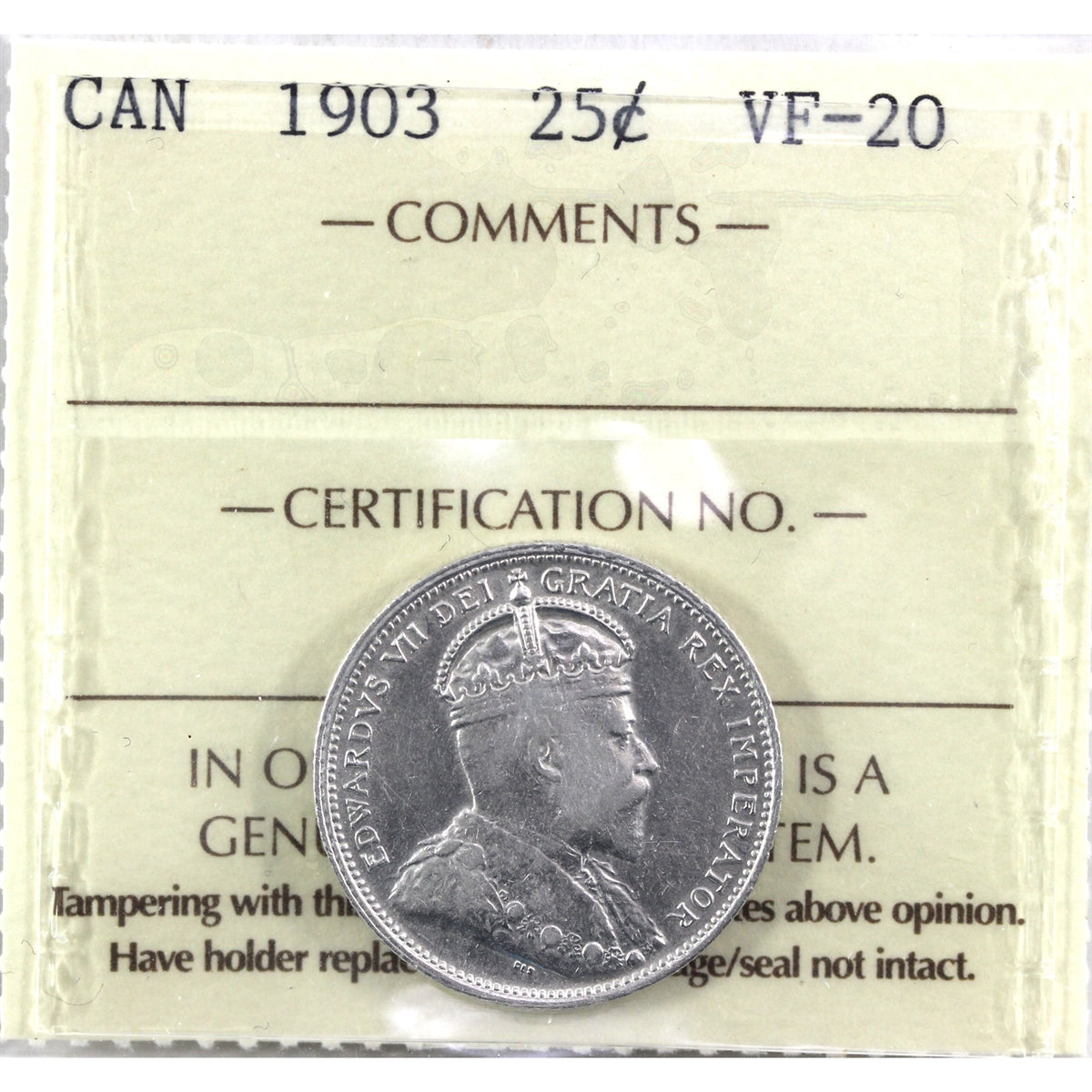 1903 Canada 25-cents ICCS Certified VF20
