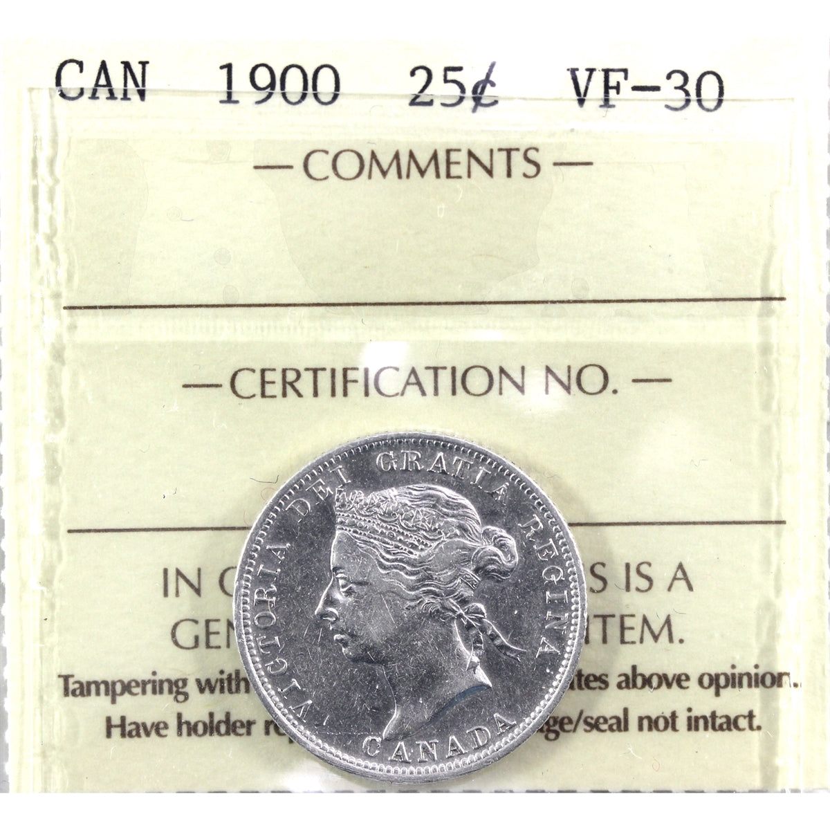 1900 Canada 25-cents ICCS Certified VF30