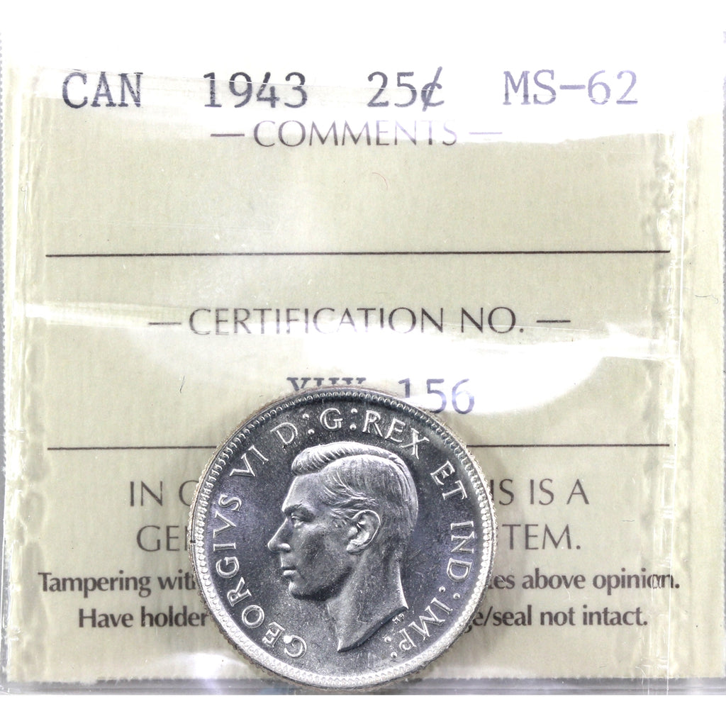 1943 Canada 25-cents ICCS Certified MS62