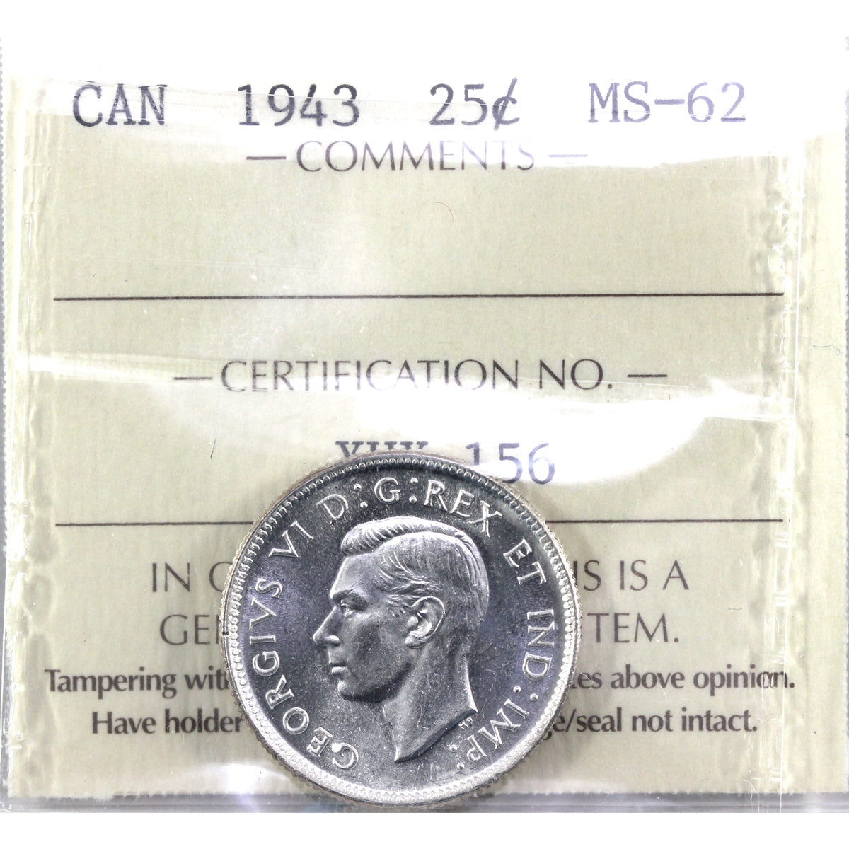 1943 Canada 25-cents ICCS Certified MS62