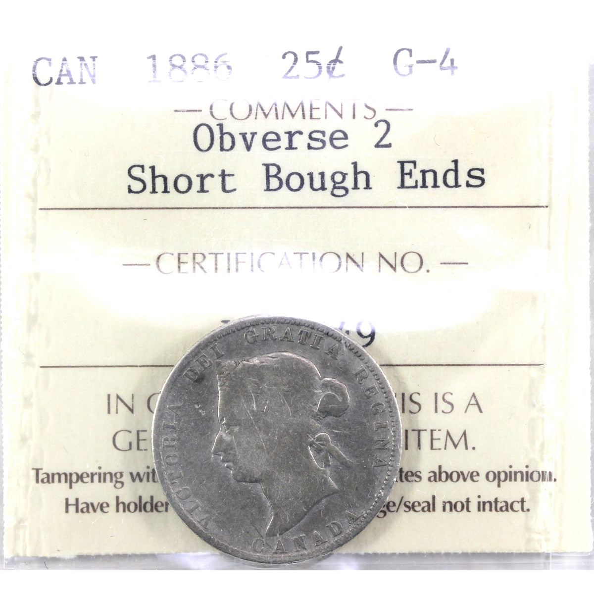 1886 Short Bough Ends, Obv. 2 Canada 25-cents ICCS Certified G4