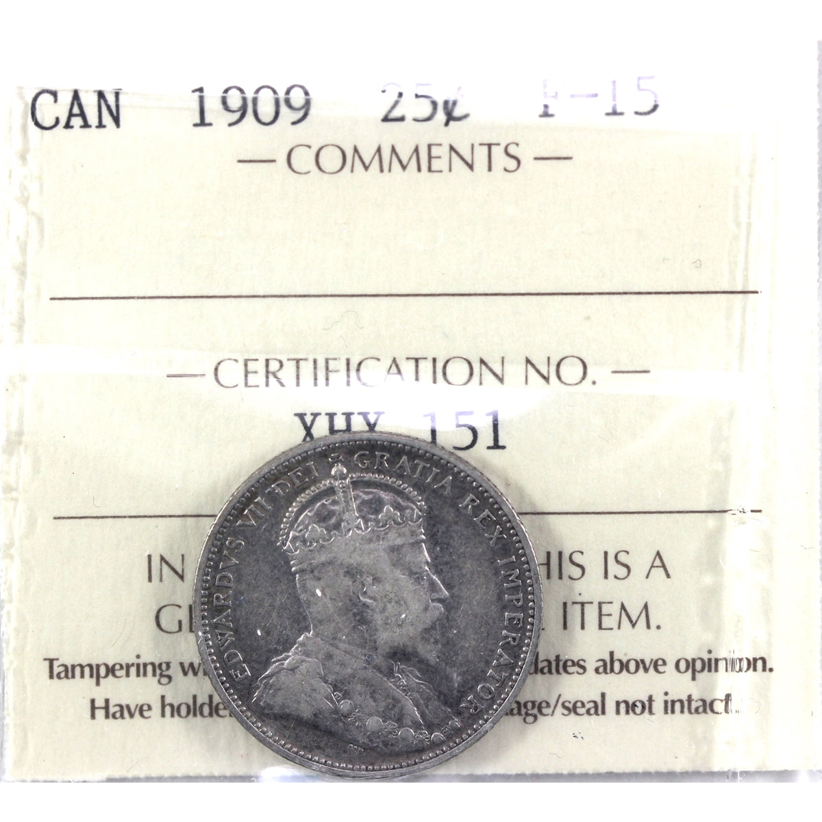 1909 Canada 25-cents ICCS Certified F15