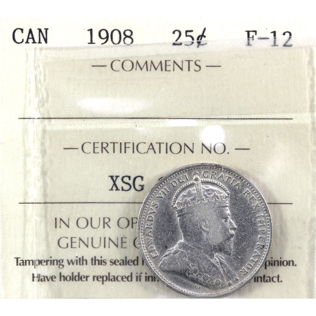 1908 Canada 25-cents ICCS Certified F12