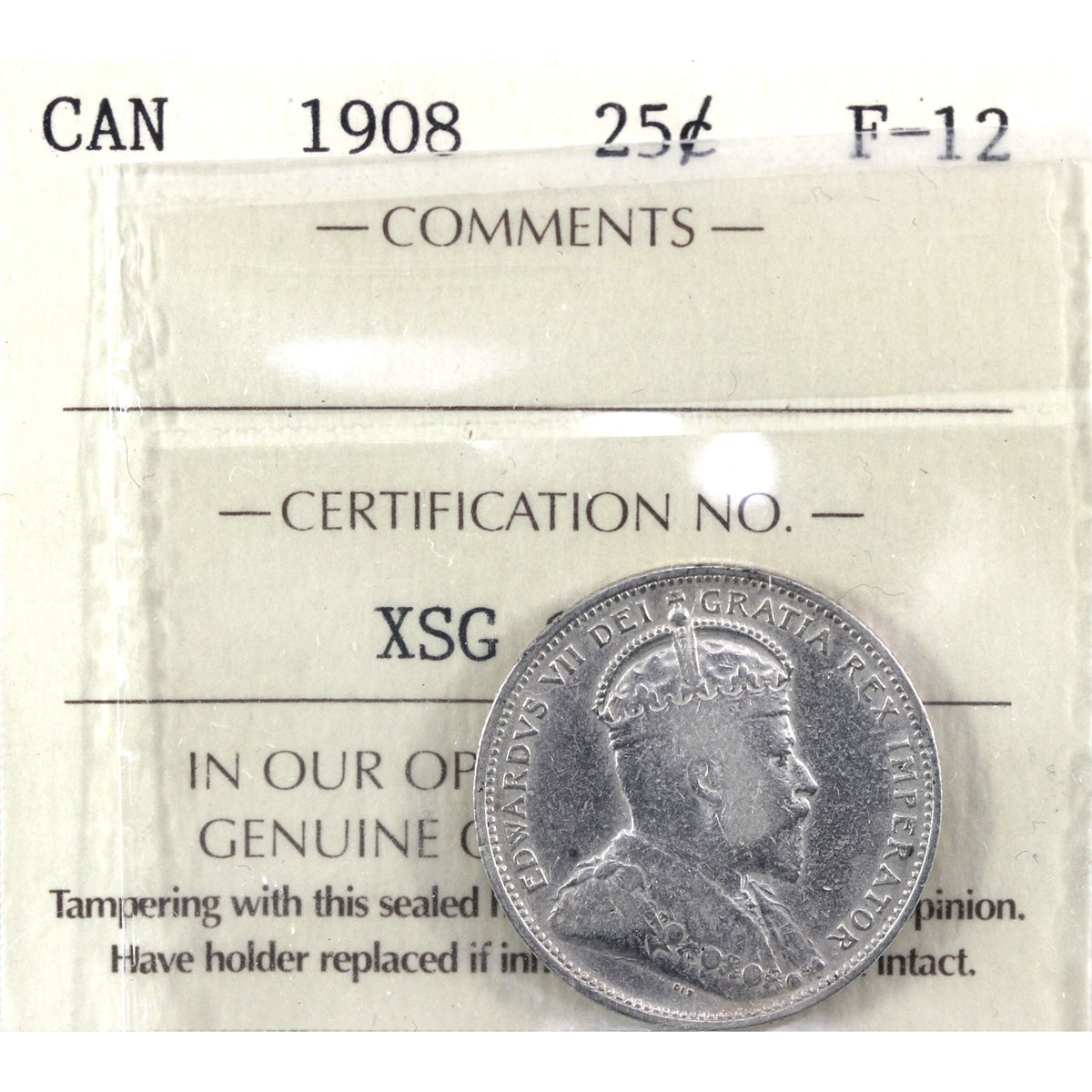 1908 Canada 25-cents ICCS Certified F12