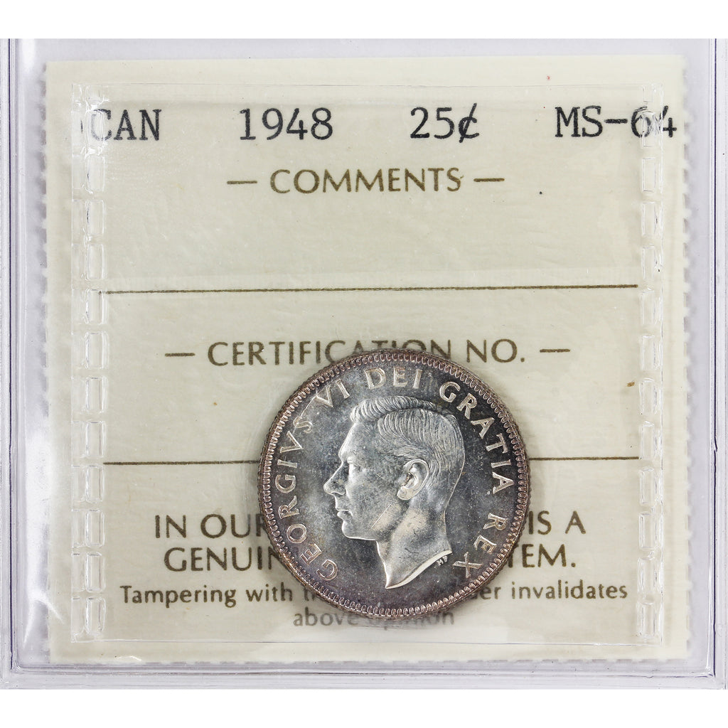 1948 Canada 25-cents ICCS Certified MS64 (HH 781)