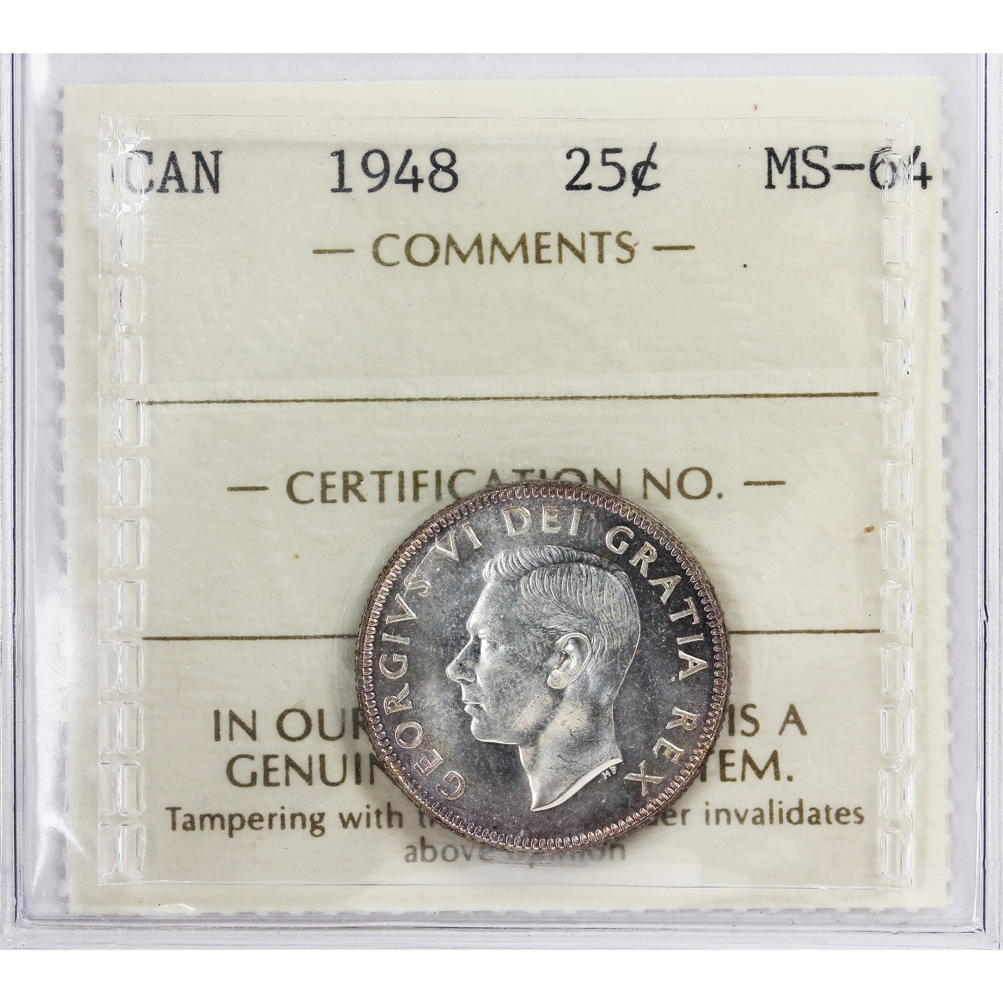 1948 Canada 25-cents ICCS Certified MS64 (HH 781)
