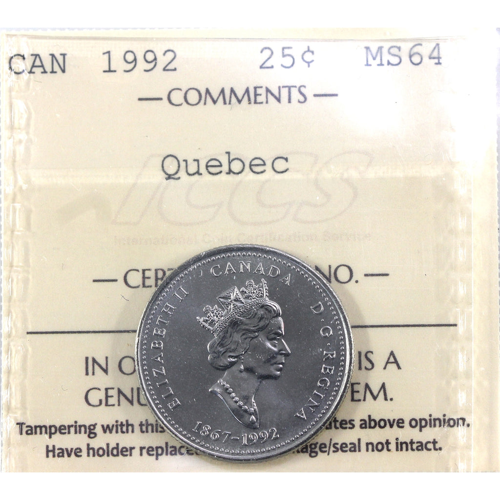 1992 Quebec Canada 25-cents ICCS Certified MS64