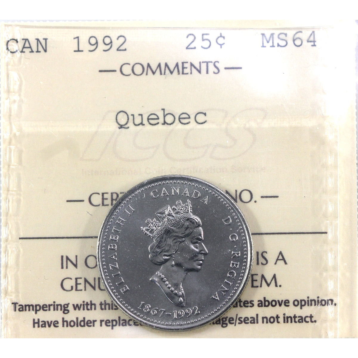 1992 Quebec Canada 25-cents ICCS Certified MS64