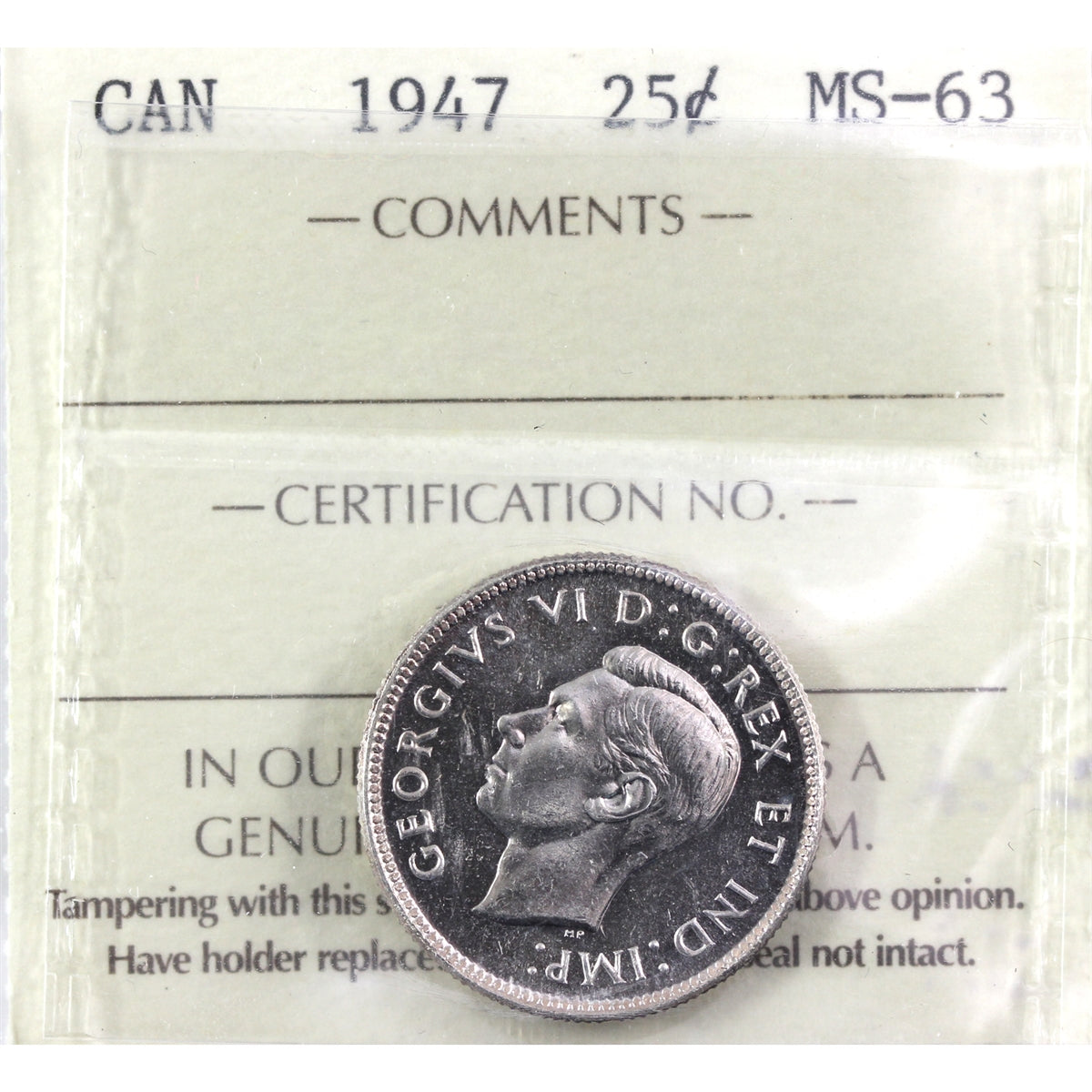 1947 Canada 25-cents ICCS Certified MS63