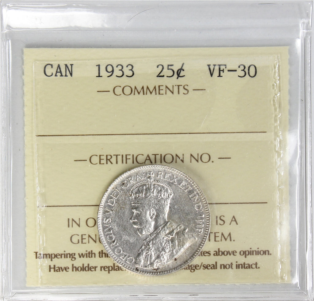1933 Canada 25-cents ICCS Certified VF30