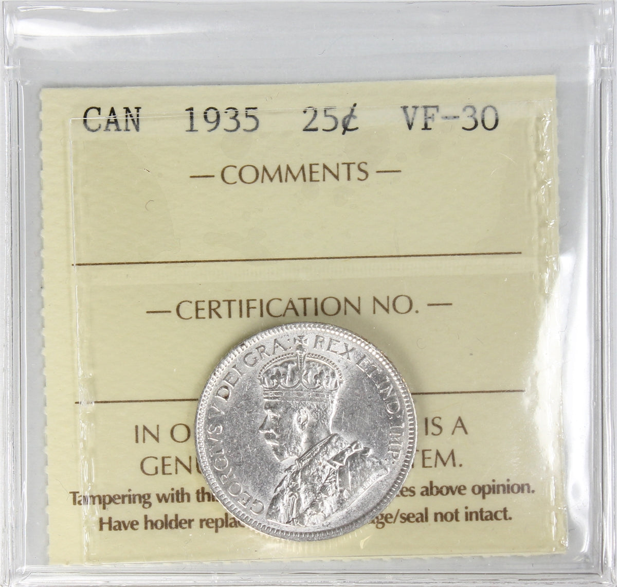 1935 Canada 25-cents ICCS Certified VF30