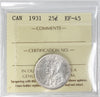 1931 Canada 25-cents ICCS Certified EF45