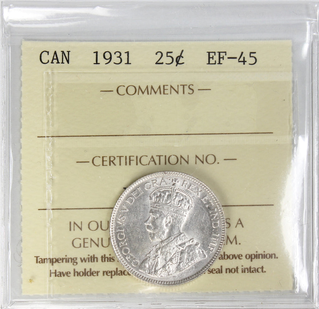 1931 Canada 25-cents ICCS Certified EF45