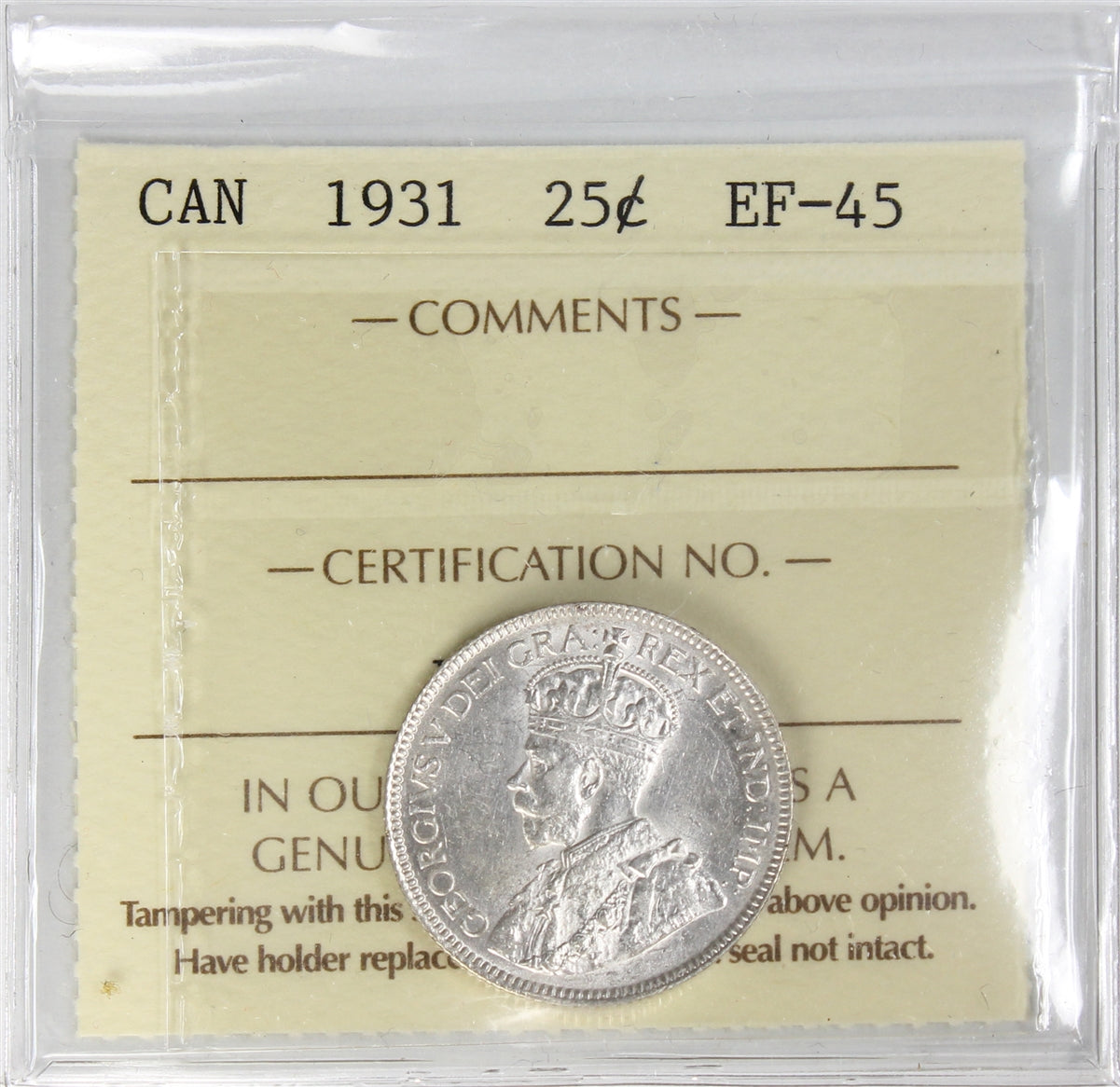 1931 Canada 25-cents ICCS Certified EF45