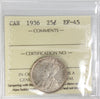 1936 Canada 25-cents ICCS Certified EF45