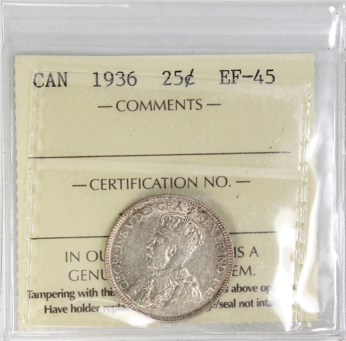 1936 Canada 25-cents ICCS Certified EF45