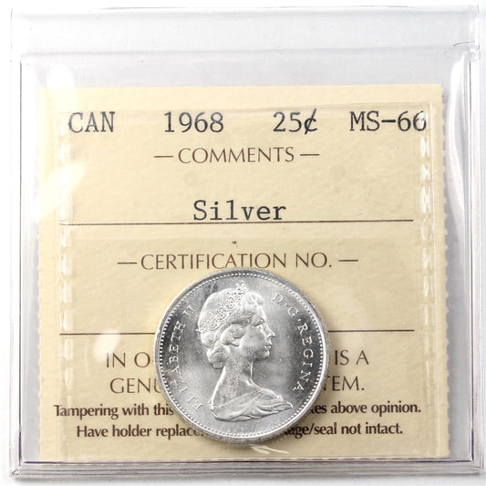 1968 Silver Canada 25-cents ICCS Certified MS66