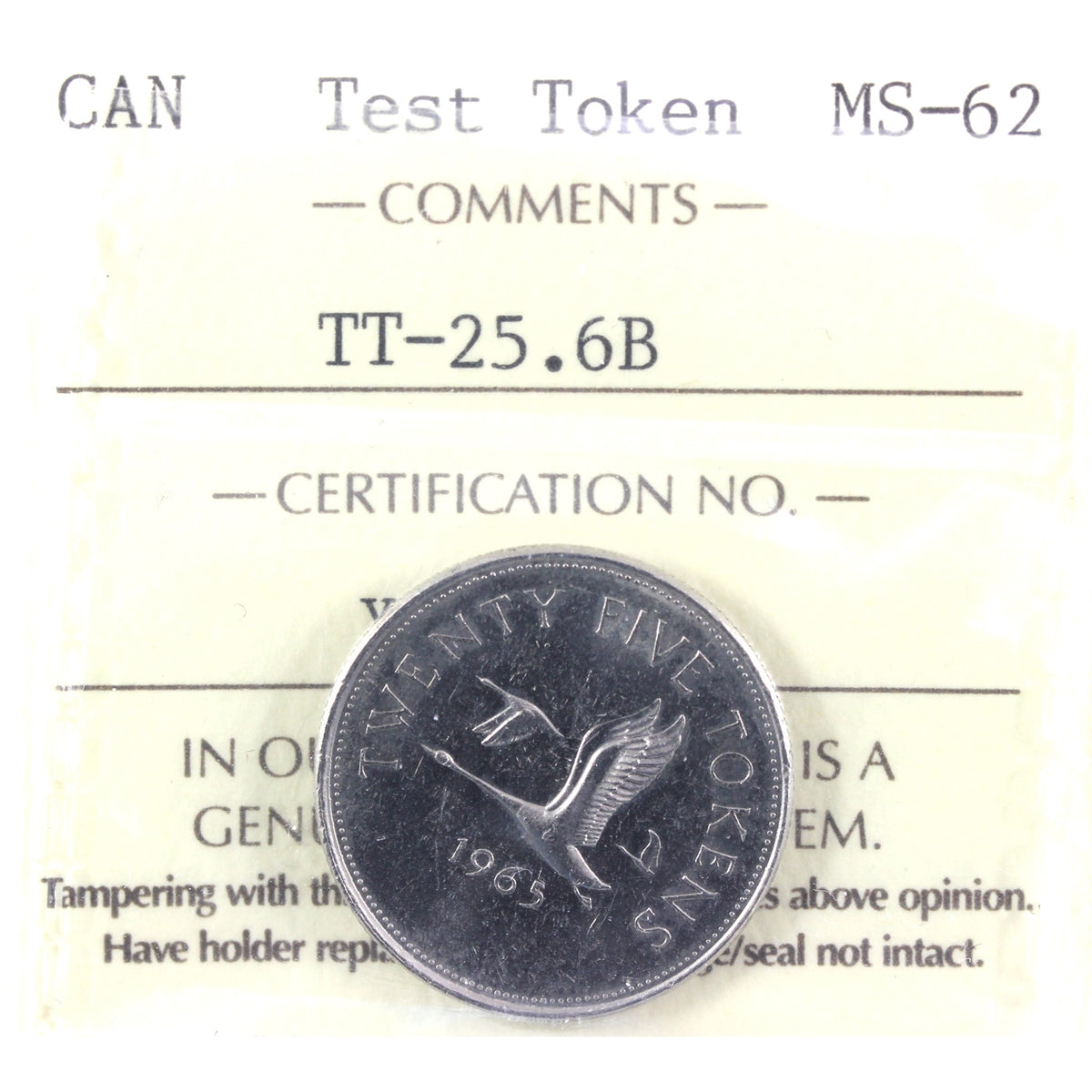 (1965) Canada 25-cents Test Token TT-25.6B ICCS Certified MS62 (XVP 366)