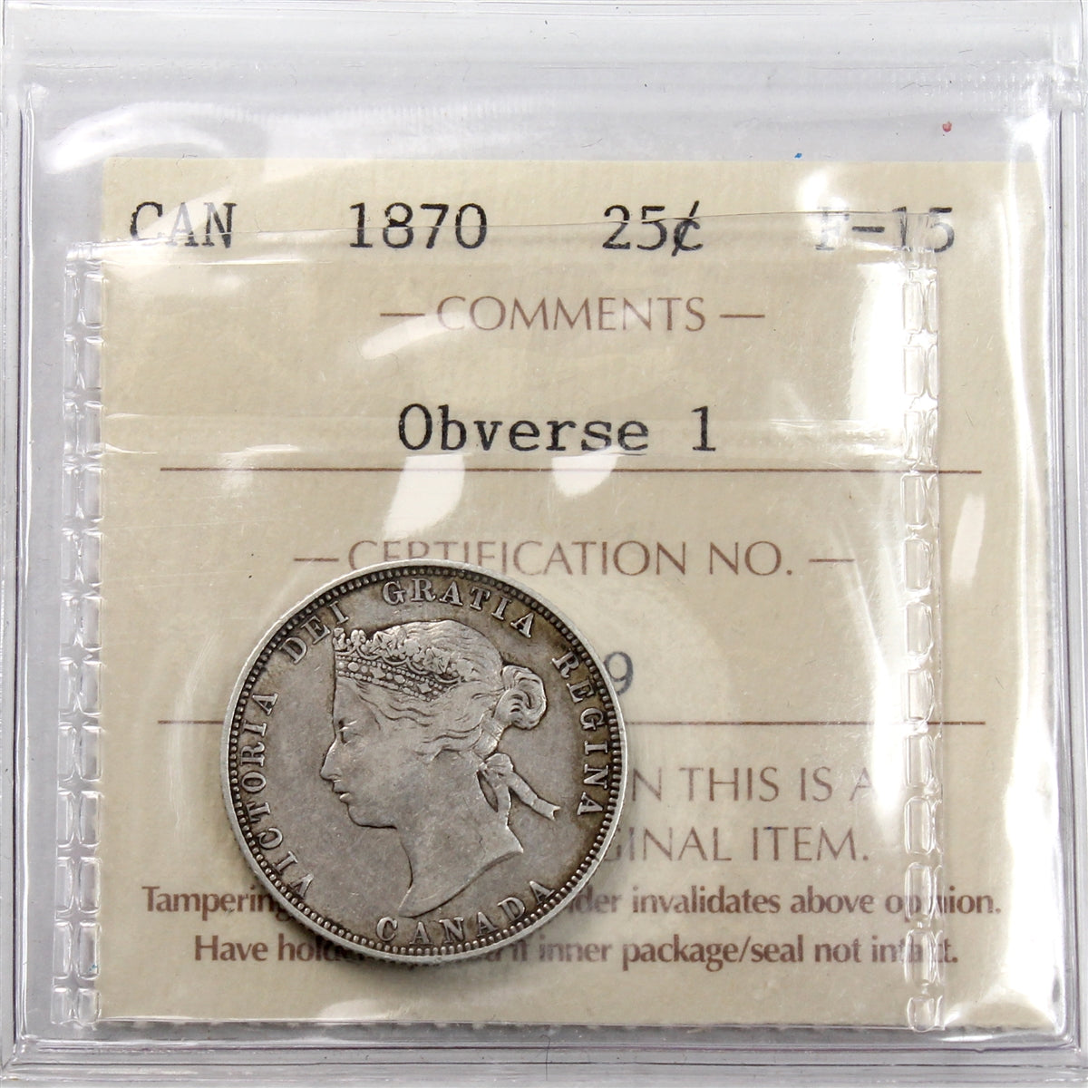 1870 Obv. 1 Canada 25-cents ICCS Certified F15
