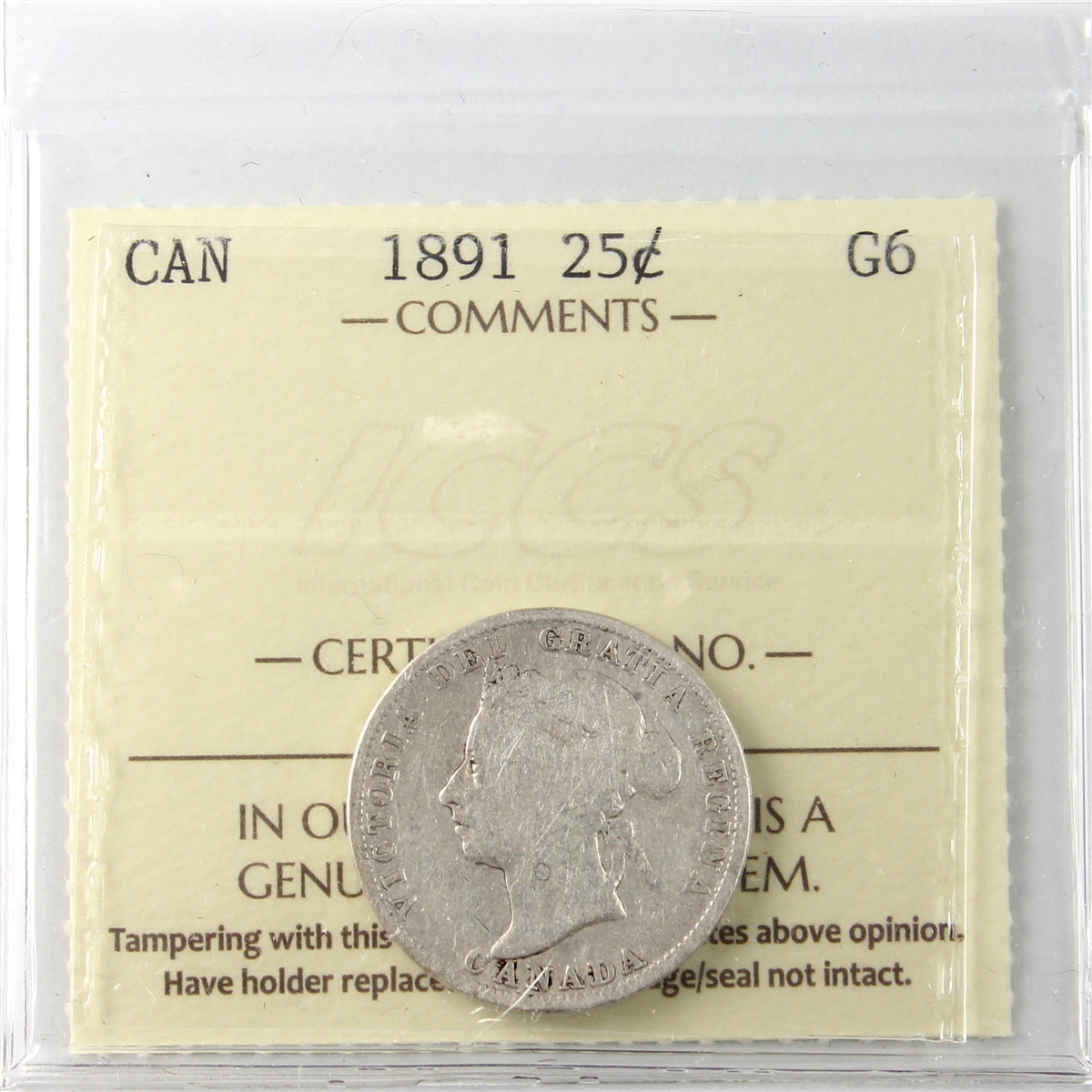 1891 Canada 25-cents ICCS Certified G6