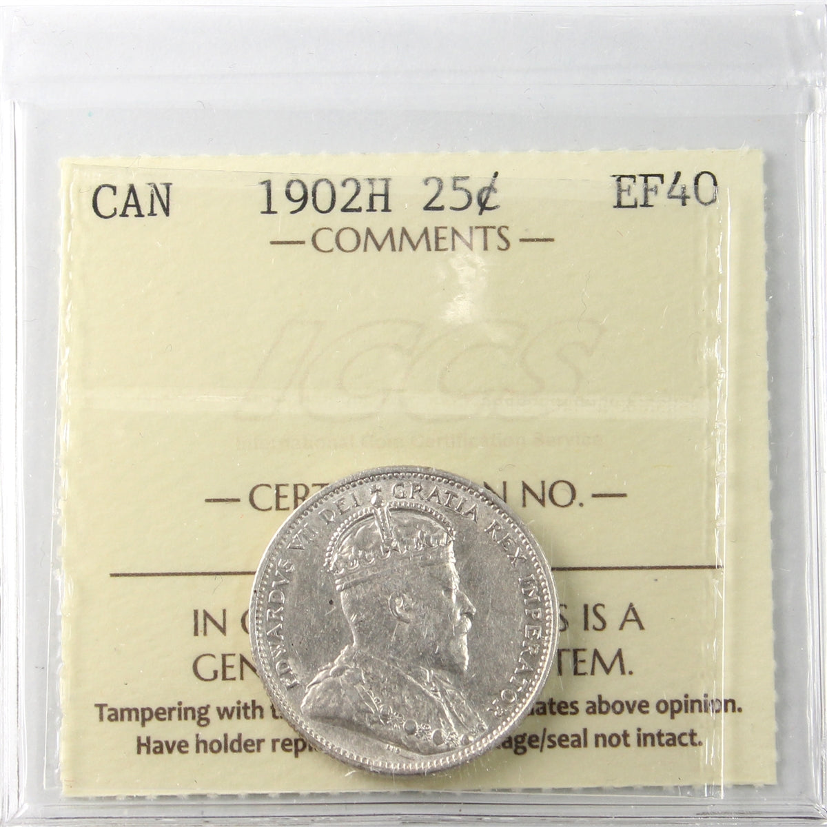 1902H Canada 25-cents ICCS Certified EF40