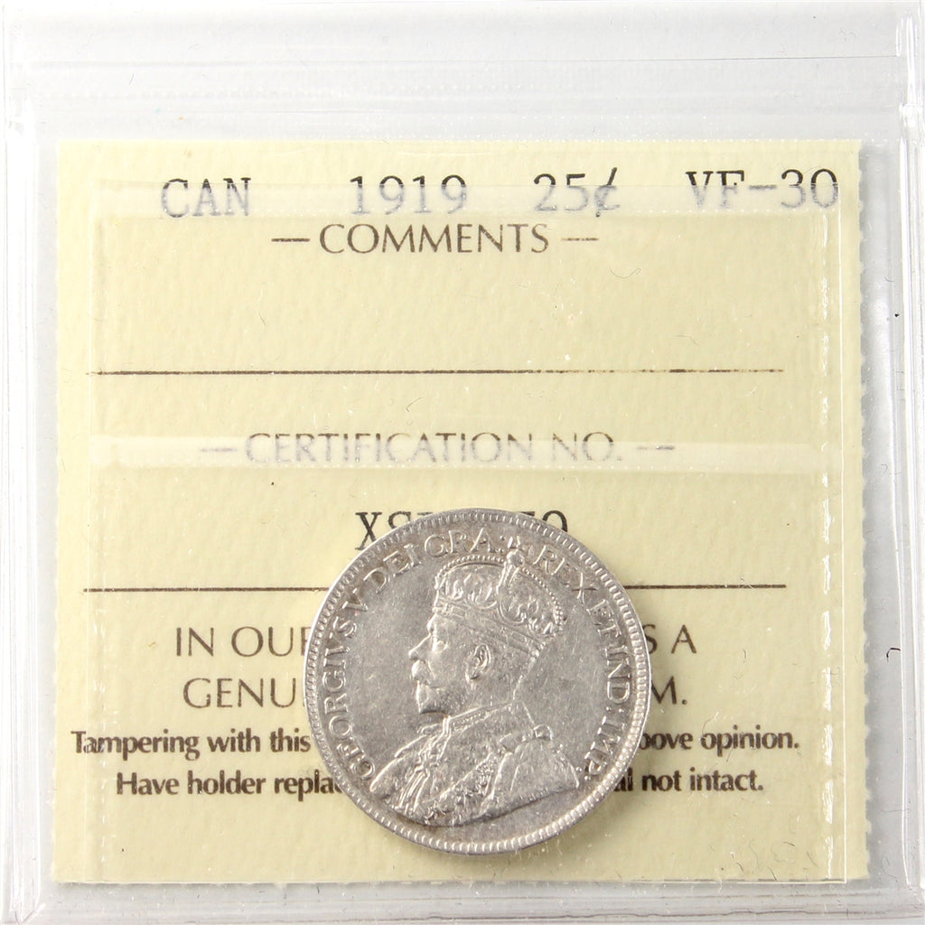1919 Canada 25-cents ICCS Certified VF30