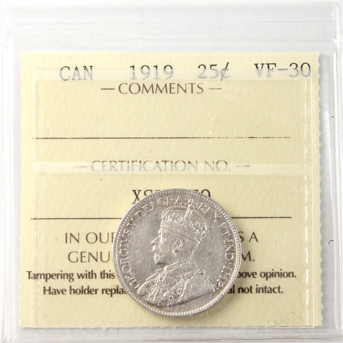 1919 Canada 25-cents ICCS Certified VF30