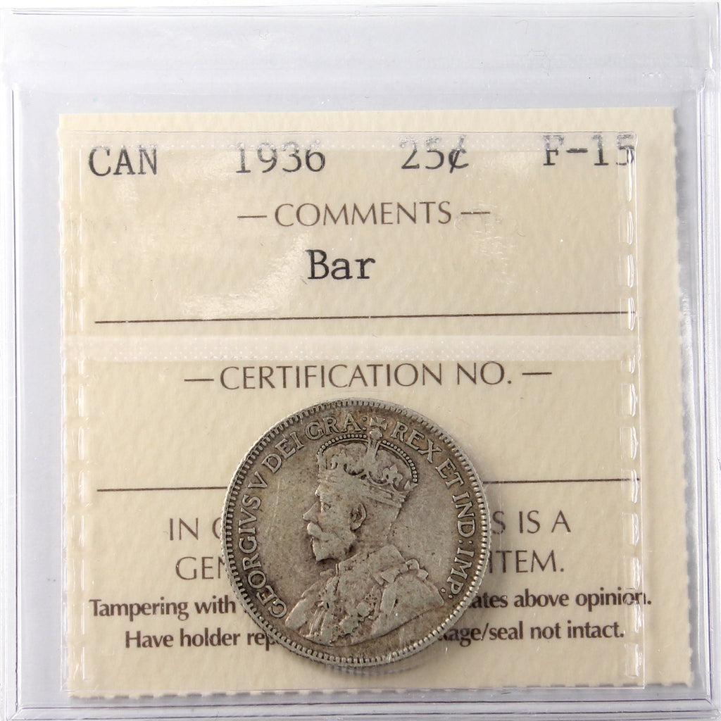 1936 Bar Canada 25-cents ICCS Certified F15