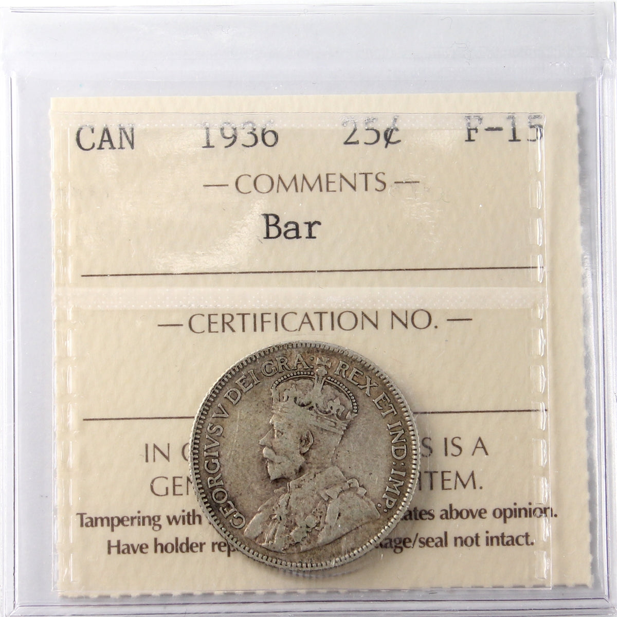 1936 Bar Canada 25-cents ICCS Certified F15