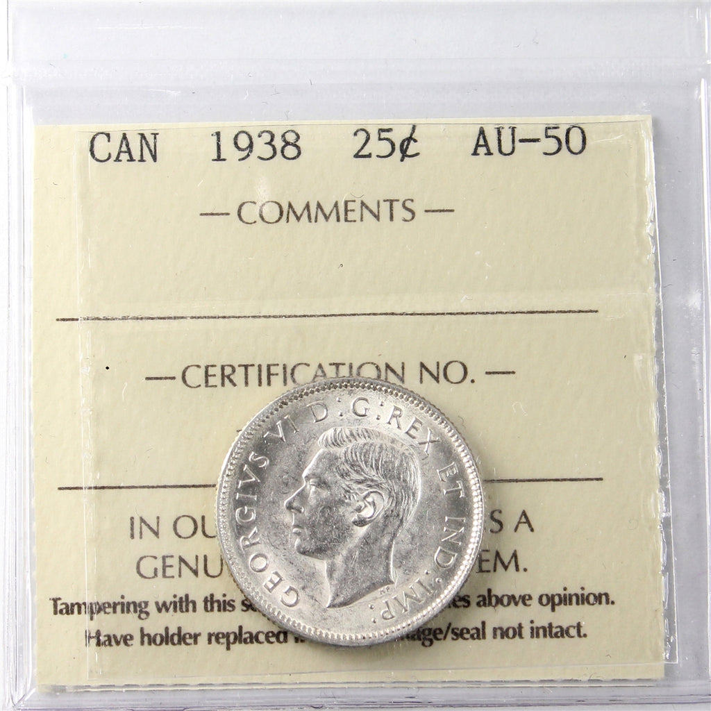 1938 Canada 25-cents ICCS Certified AU50