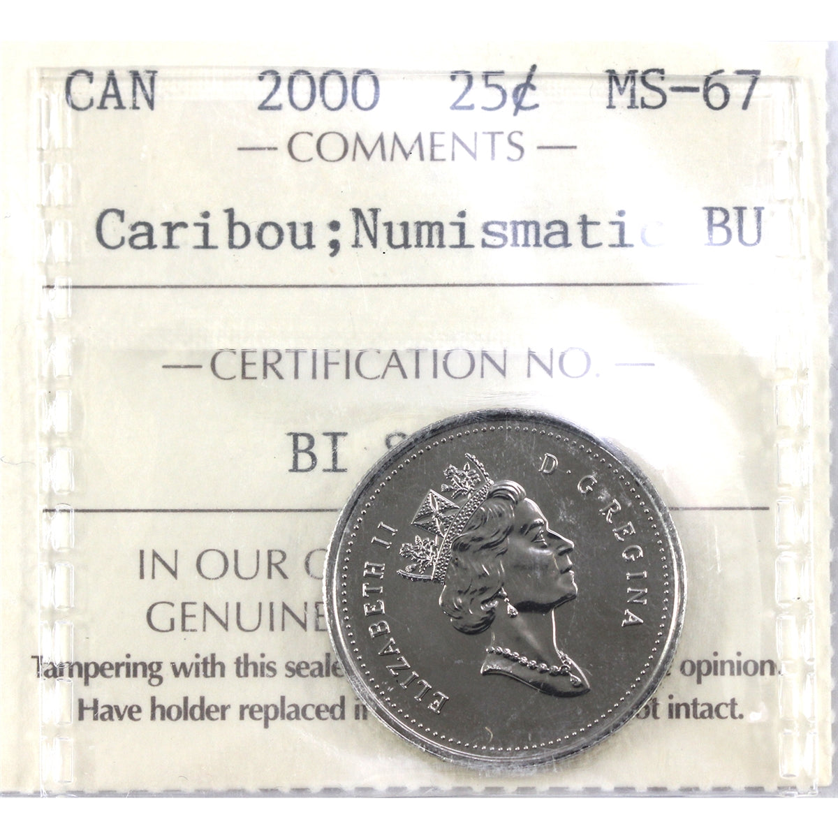2000 Caribou Canada 25-cents ICCS Certified MS67 NBU