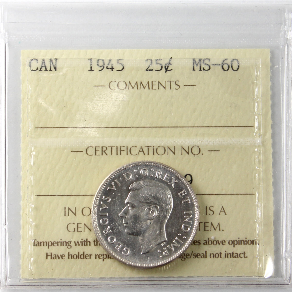 1945 Canada 25-cents ICCS Certified MS60
