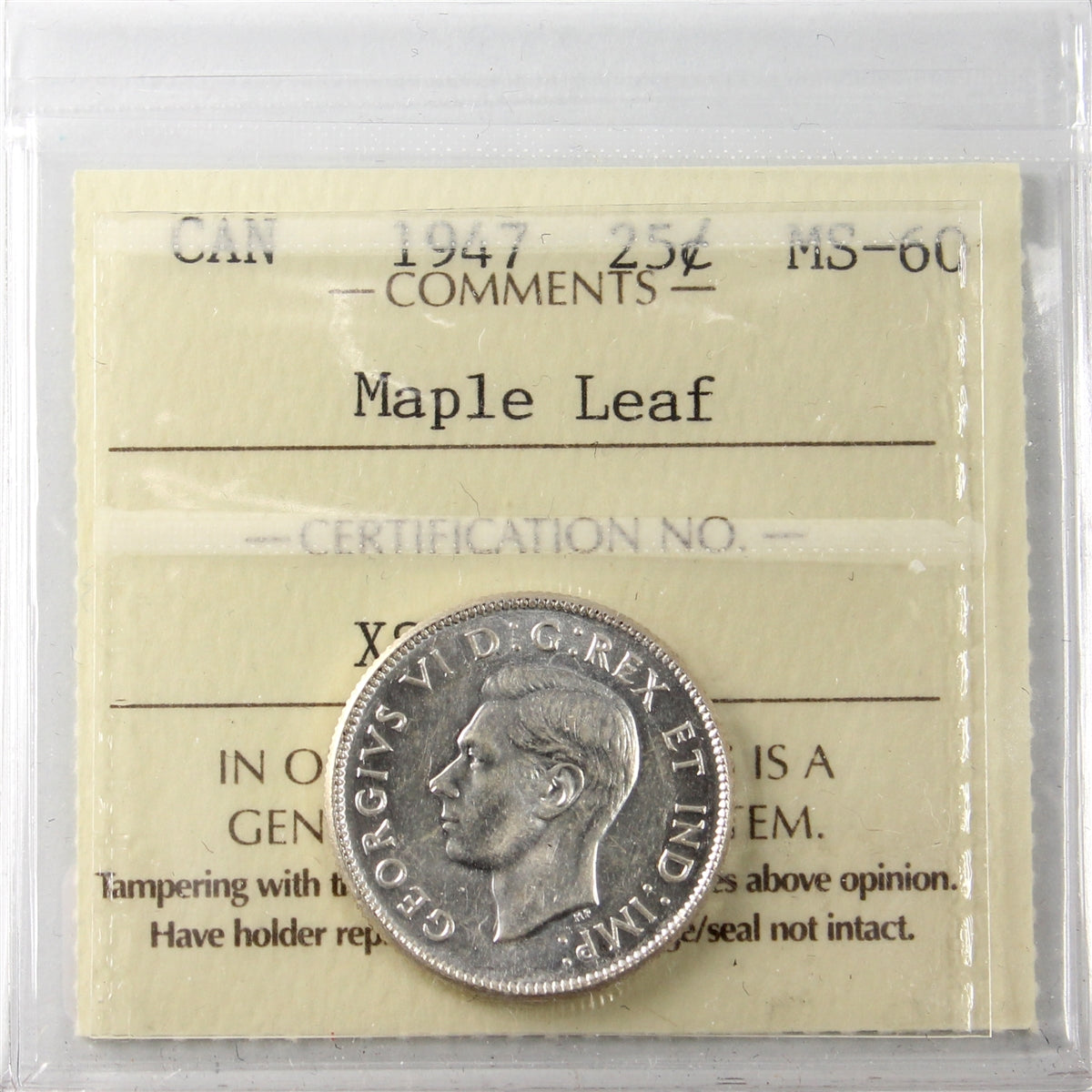 1947 Maple Leaf Canada 25-cents ICCS Certified MS60