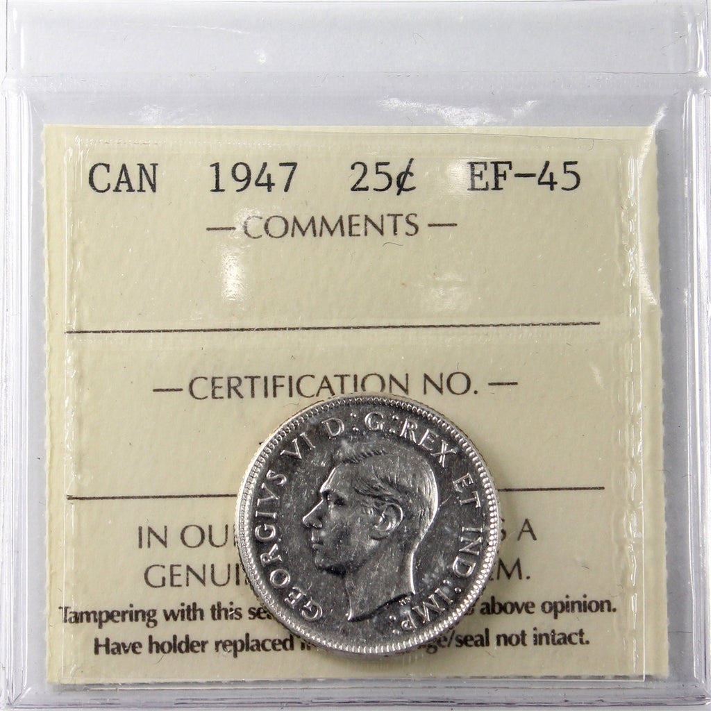 1947 Canada 25-cents ICCS certified EF45