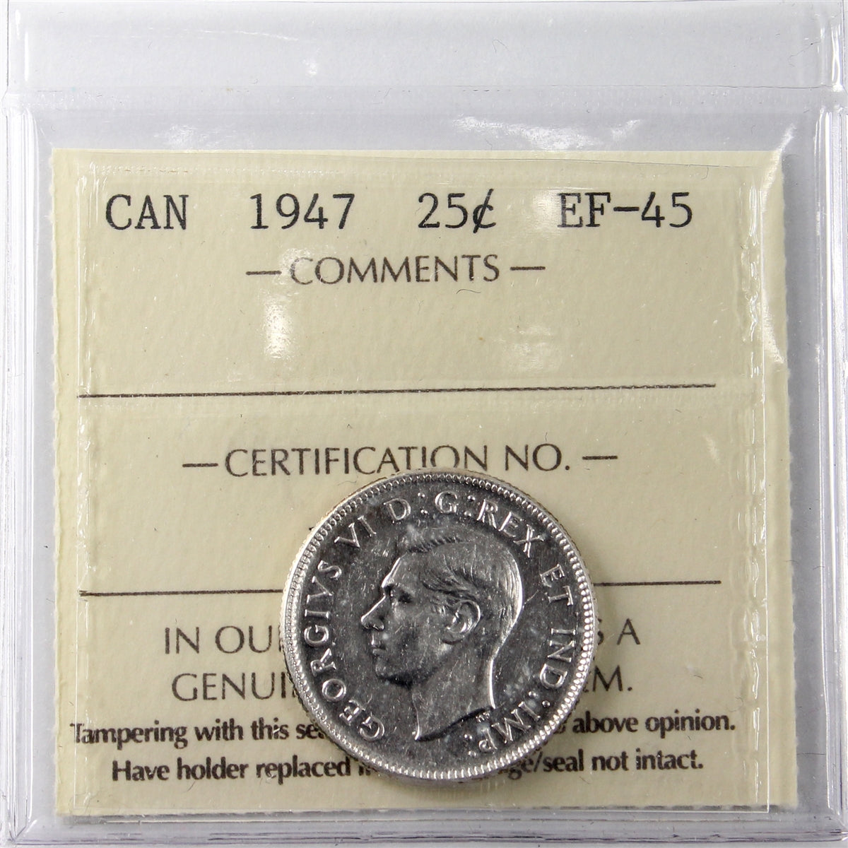 1947 Canada 25-cents ICCS certified EF45