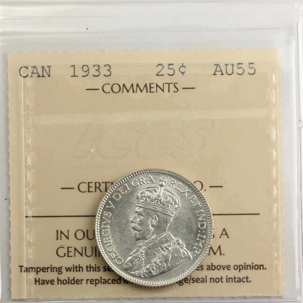 1933 Canada 25-cents ICCS Certified AU55