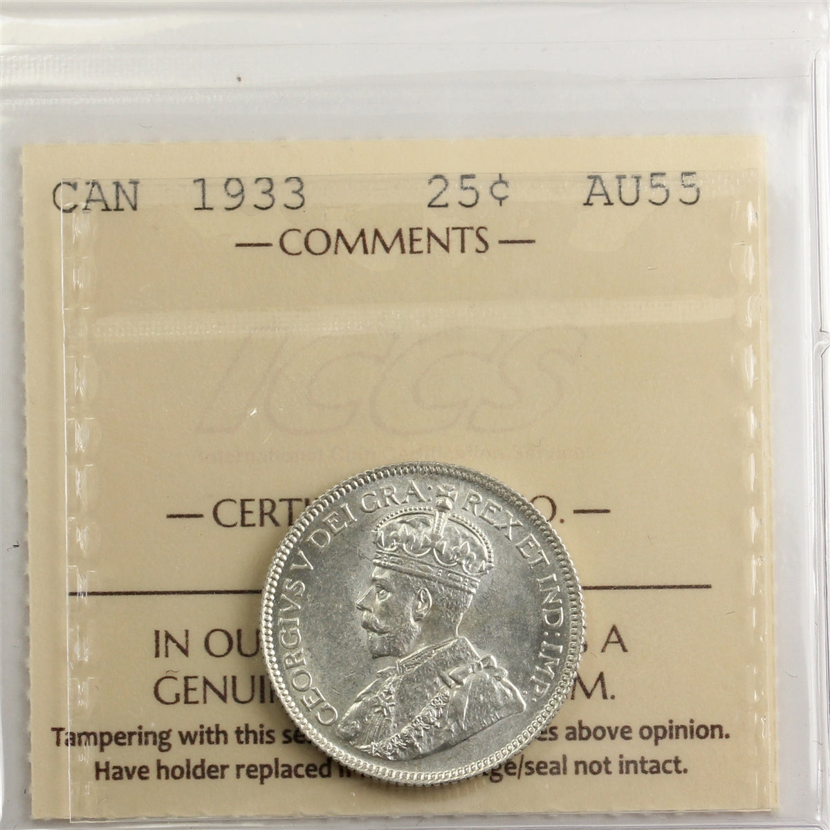 1933 Canada 25-cents ICCS Certified AU55