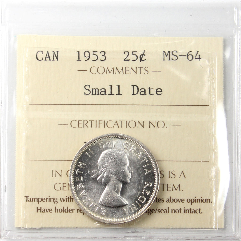1953 Small Date Canada 25-cents ICCS Certified MS64