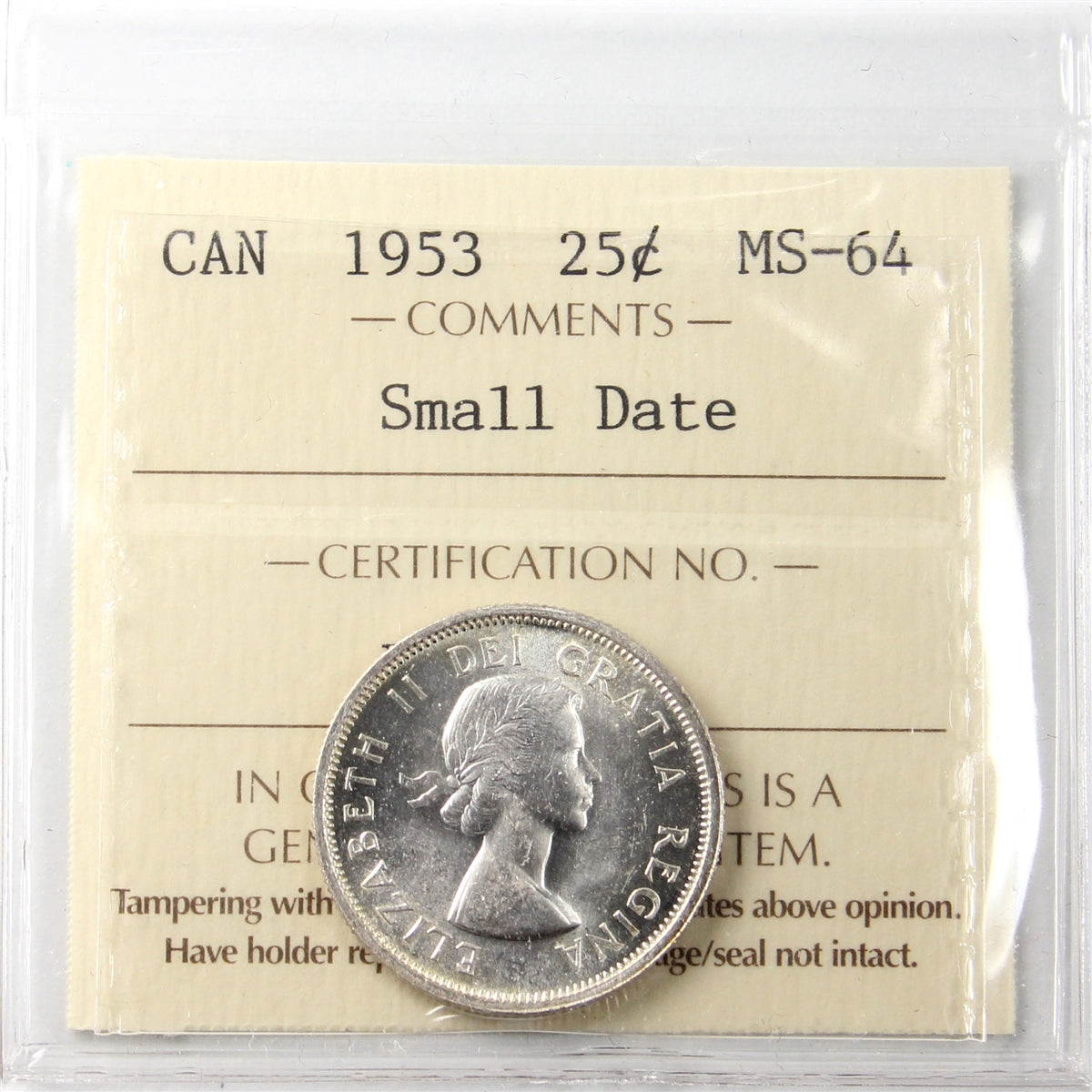 1953 Small Date Canada 25-cents ICCS Certified MS64