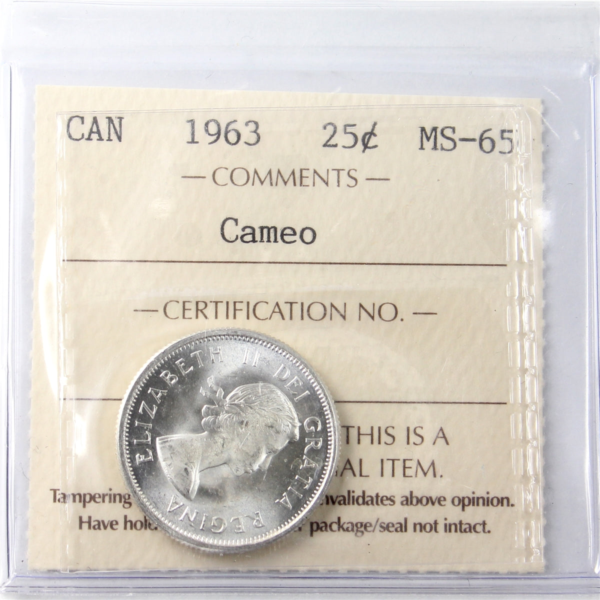 1963 Canada 25-cents ICCS Certified MS65 Cameo