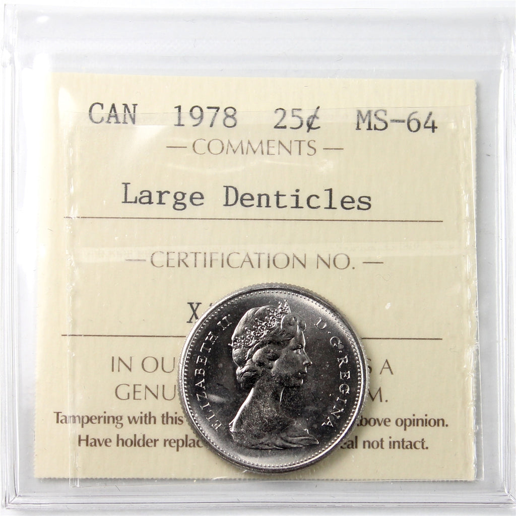 1978 Large Denticles Canada 25-cents ICCS Certified MS64