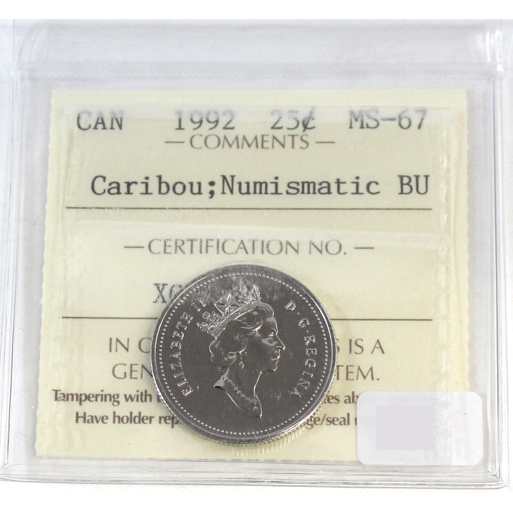 1992 Caribou Canada 25-cents ICCS Certified MS67 NBU